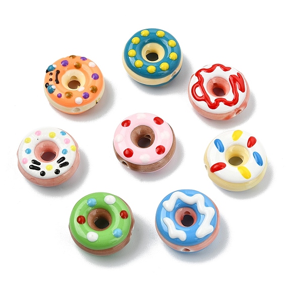8Pcs 8 Styles Handmade Porcelain Enamel Beads, Donut, Bright Glazed Porcelain