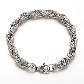 304 corde en acier inoxydable bracelets chaînes, avec fermoir pince de homard, 210mm