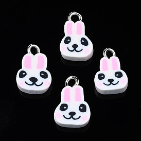 Handmade Polymer Clay Charms, with Platinum Tone Iron Loop, Rabbit Head