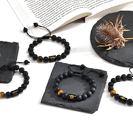 Natural Black Agate Braided Bead Bracelet, with Tiger Eye