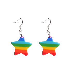 Rainbow Color Pride Flag Acrylic Star Dangle Earrings, Brass Jewelry for Women