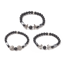 3Pcs 3 Style Natural Lava Rock & Black Onyx Beaded Stretch Bracelets Set, Starfish & Tortoise & Shell Alloy Stackable Bracelets for Women
