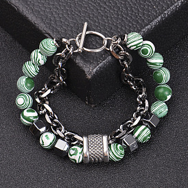 Stainless Steel Men's Bracelet with Double Layered Peacock Stone Beads and OT Clasp