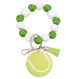 1 Porte-clés pendentif à pompon en acrylique imprimé et faux daim et perles en bois, avec anneaux brisés en fer et fermoirs pivotants en alliage, platine