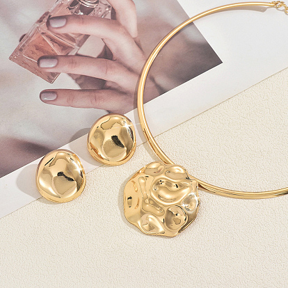 Комплекты из колье и серег-гвоздиков с текстурированным железом, плоских круглых подвесок для женщин