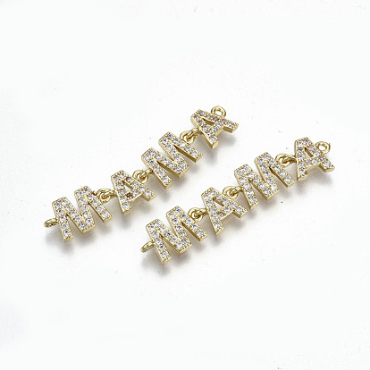 Brass Micro Pave Clear Cubic Zirconia Links Connectors, for Mother's Day, Nickel Free, with Word Mama