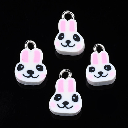 Handmade Polymer Clay Charms, with Platinum Tone Iron Loop, Rabbit Head