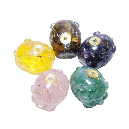 Resin Craft Display Decorations, with Natural Gemstone Chip, Lucky Pig Figurine, for Home Feng Shui Ornament