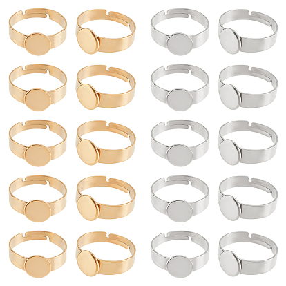 20Pcs 2 Colors Ion Plating(IP) Adjustable 304 Stainless Steel Finger Rings Components, Pad Ring Base Findings, Flat Round