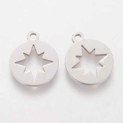 201 Stainless Steel Charms, Flat Round with Hollow Star