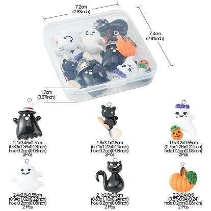 12Pcs 6 Styles Halloween Opaque Resin Pendants, Halloween Charm, with Platinum Tone Iron Loops, Cat & Ghost with Hat & Pumpkin & Ghost