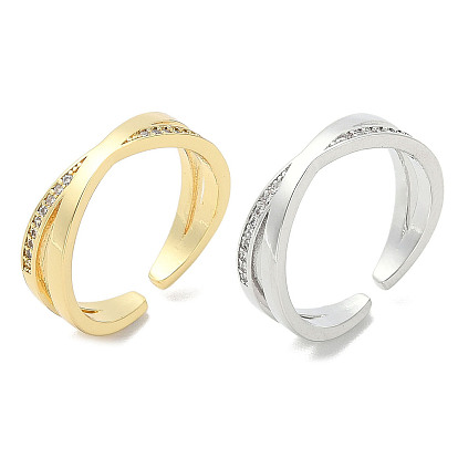 Brass Micro Pave Cubic Zirconia Open Cuff Ring, Criss Cross Rings for Women
