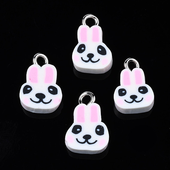 Handmade Polymer Clay Charms, with Platinum Tone Iron Loop, Rabbit Head
