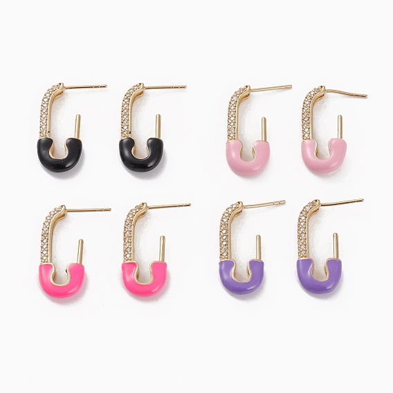 Серьги-кольца из латуни с прозрачным кубическим цирконием и прозрачным паве, серьги, с эмалью, долговечный, английская булавка