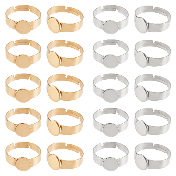 20Pcs 2 Colors Ion Plating(IP) Adjustable 304 Stainless Steel Finger Rings Components, Pad Ring Base Findings, Flat Round