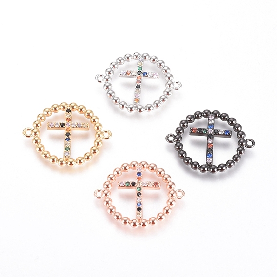 Brass Micro Pave Cubic Zirconia Links Connectors, Long-Lasting Plated, Flat Round with Cross