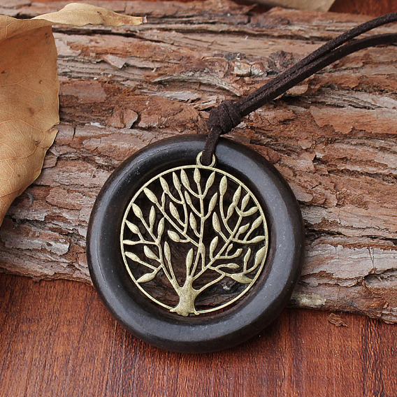 Сплав дерево жизни деревянное кольцо кулон искусственная кожа шнур длинные ожерелья для женщин мужчин, античная бронза