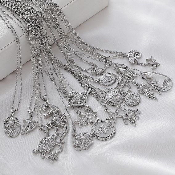 Ожерелья с подвесками Ocean Summer из латуни с прозрачными кубическими цирконами и паве, платина