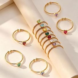 Adjustable Birthstone 304 Stainless Steel Micro Pave Cubic Zirconia Cuff Open Rings, Heart, Golden