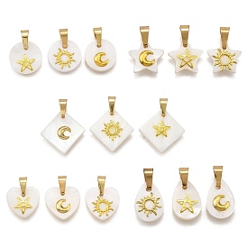 Натуральные пресноводные ракушки геометрические подвески, с золотистыми латунными пластинами в виде луны, солнца, звезд и 304 защелкивающимися дужками из нержавеющей стали, белые