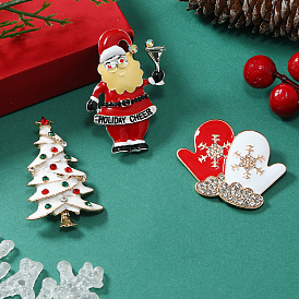 Christmas Alloy Rhinestone Brooches, Enamel Pins, Platinum, Santa Claus/Christmas Tree/Gloves