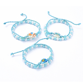 Ensembles de bracelets ajustables en perles tressées et de bracelets extensibles, avec perles de coquillage cauri imprimées, Perles en verre nacré, cordon de coton et fil de nylon