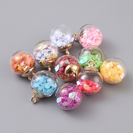 Pendentif globe en verre transparent, avec des paillettes de coeur à l'intérieur et des clous de cheville en plastique ccb, ronde