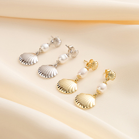 925 Pendientes colgantes con forma de concha de plata esterlina, Con perla de agua dulce natural y sello s925