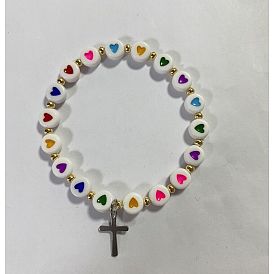 Acrylic Beads Stretch Bracelets, with 304 Stainless Steel Cross Pendants