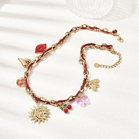 304 Женские ожерелья из темно-красного шнура с подвеской в виде солнца, сердца, пчел и красной эмали в виде вишни из нержавеющей стали, со стеклом