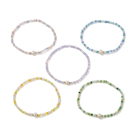 5Pcs 5 Styles Rondelle Faceted Glass Beaded Stretch Bracelets, Potato Pearl Stackable Bracelets for Women Men