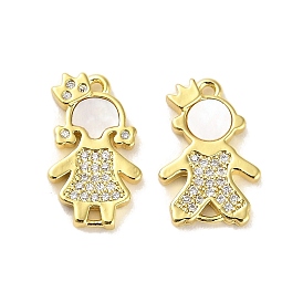 Brass Micro Pave Clear Cubic Zirconia Princess/Prince Connector Charms, with Shell, Girl/Boy Links
