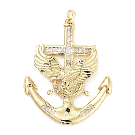 Rack Plating Brass Micro Pave Clear Cubic Zirconia Pendants, Long-Lasting Plated, Lead Free & Cadmium Free, Boat Anchor with Eagle