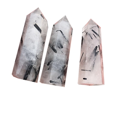 Point Tower Natural Tourmalinated Quartz Home Display Decoration, Healing Stone Wands, for Reiki Chakra Meditation Therapy Decors, Hexagon Prism