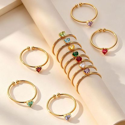 Adjustable Birthstone 304 Stainless Steel Micro Pave Cubic Zirconia Cuff Open Rings, Heart, Golden