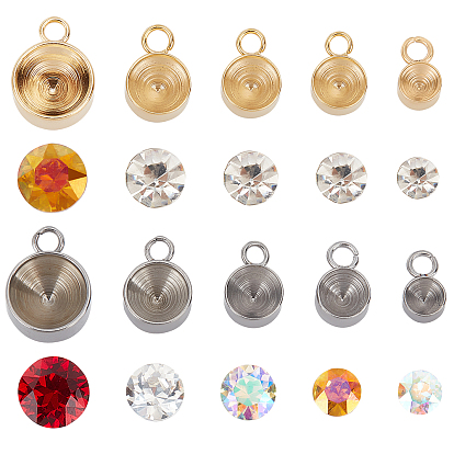 40Pcs Flat Round 304 Stainless Steel Charm Rhinestone Settings, 40Pcs Glass Pointed Rhinestone