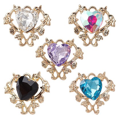 5Pcs 5 Colors Glass Rhinestone Pendants, with Golden Alloy Finding, Heart Charms
