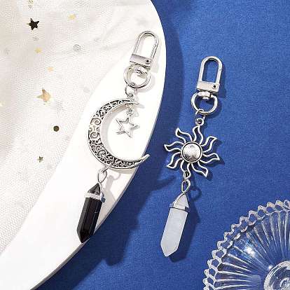 Décorations de pendentifs en jade blanc naturel et obsidienne, avec les accessoires en alliage, soleil et la lune