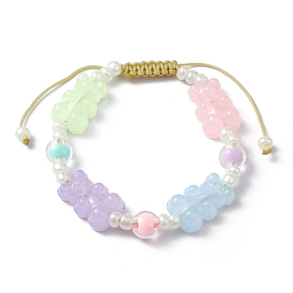 Adjustable Acrylic Bear & Glass Pearl Braided Bead Bracelets