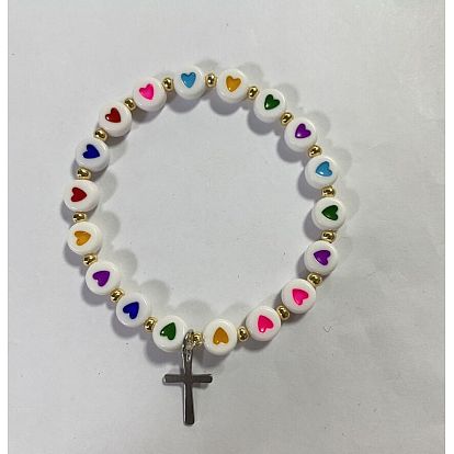 Acrylic Beads Stretch Bracelets, with 304 Stainless Steel Cross Pendants