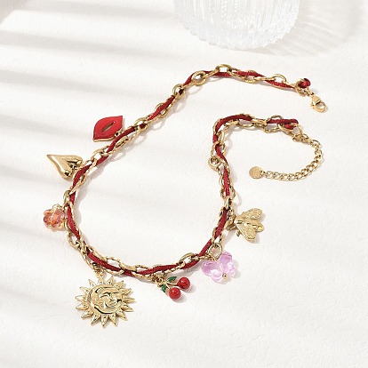 304 Женские ожерелья из темно-красного шнура с подвеской в виде солнца, сердца, пчел и красной эмали в виде вишни из нержавеющей стали, со стеклом