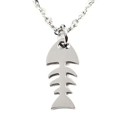 201 Stainless Steel Pendant Necklaces, with Cable Chains and Lobster Claw Clasps, Fishbone