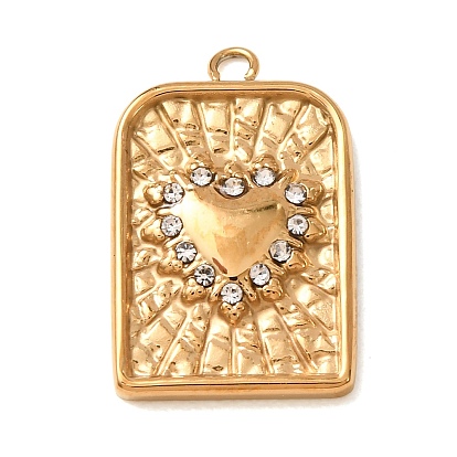304 Stainless Steel Crystal Rhinestone Pendants, Rectangle with Heart Charms