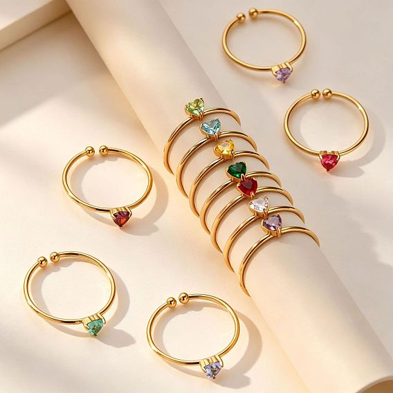 Adjustable Birthstone 304 Stainless Steel Micro Pave Cubic Zirconia Cuff Open Rings, Heart, Golden