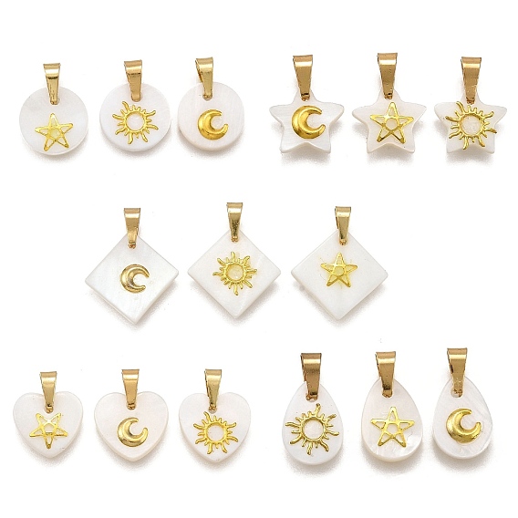 Натуральные пресноводные ракушки геометрические подвески, с золотистыми латунными пластинами в виде луны, солнца, звезд и 304 защелкивающимися дужками из нержавеющей стали, белые