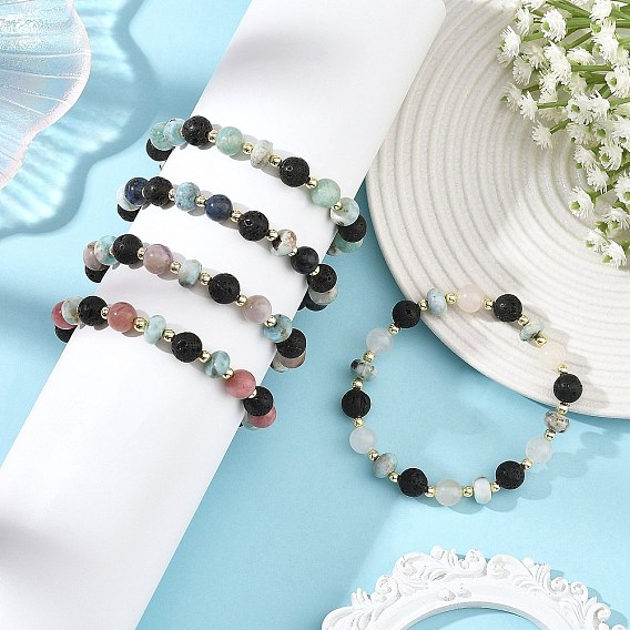 Rondelle Natural Larimar & Round Natural Gemstone Beaded Stretch Bracelets, Golden Plated
