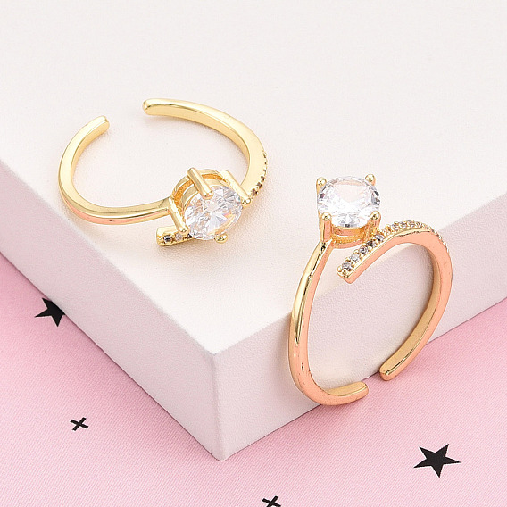 Латунные кольца-манжеты с микропаве и прозрачным цирконием для женщин, плоско-круглые