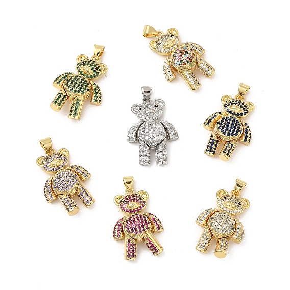 Brass Micro Pave Cubic Zirconia Pendants, Bear Charm, Mechanical Charm