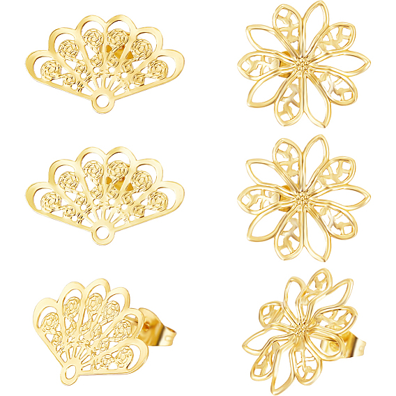 6 пары 2 стиль латунные серьги-гвоздики фурнитура, с ушками и горизонтальными петлями, цветок и веер