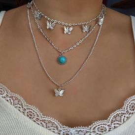 Turquoise Butterfly Pendant Multi-layer Collarbone Chain Necklace